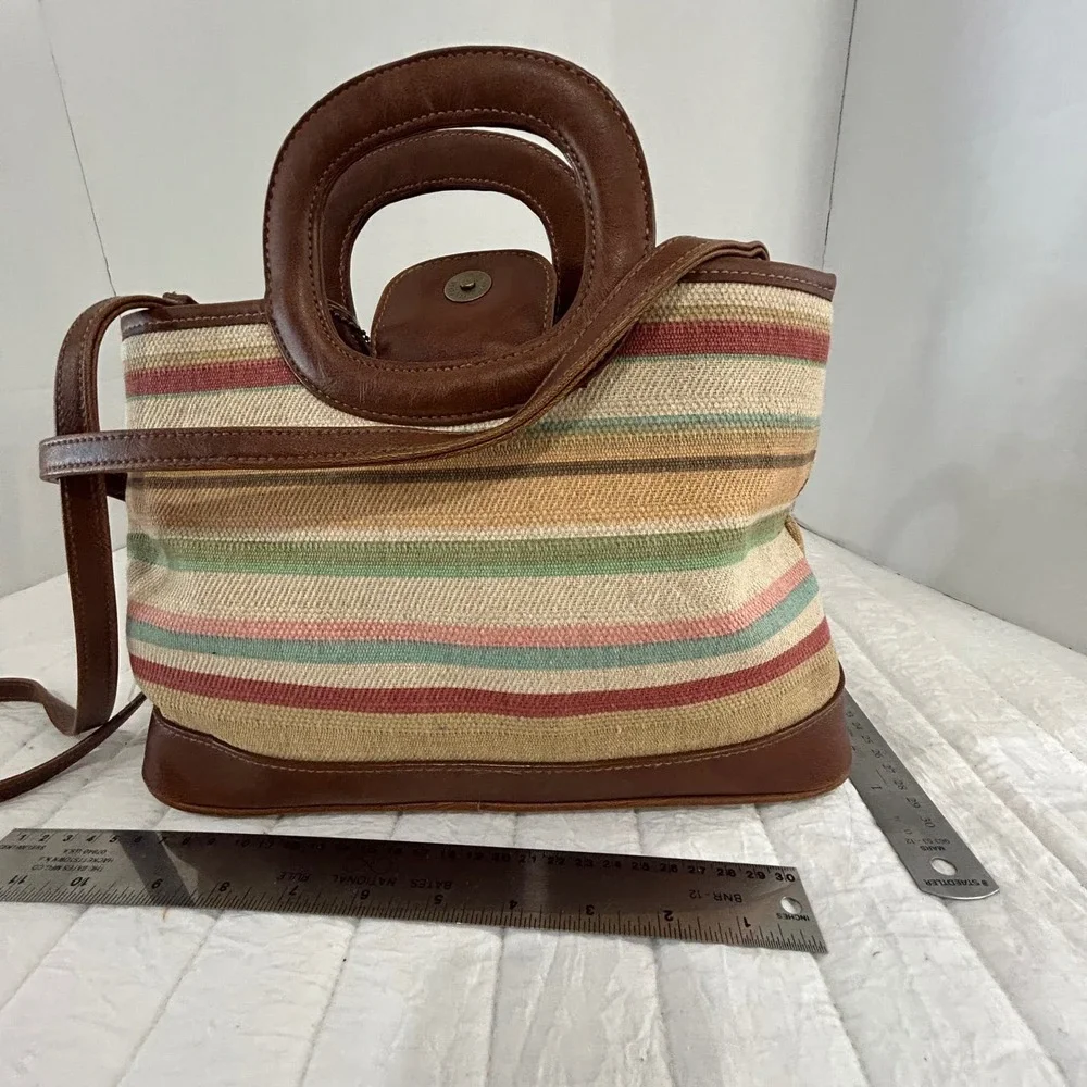 Strada Striped Canvas Handbag Brown Faux Leather Trim Satchel with Coin Purse
